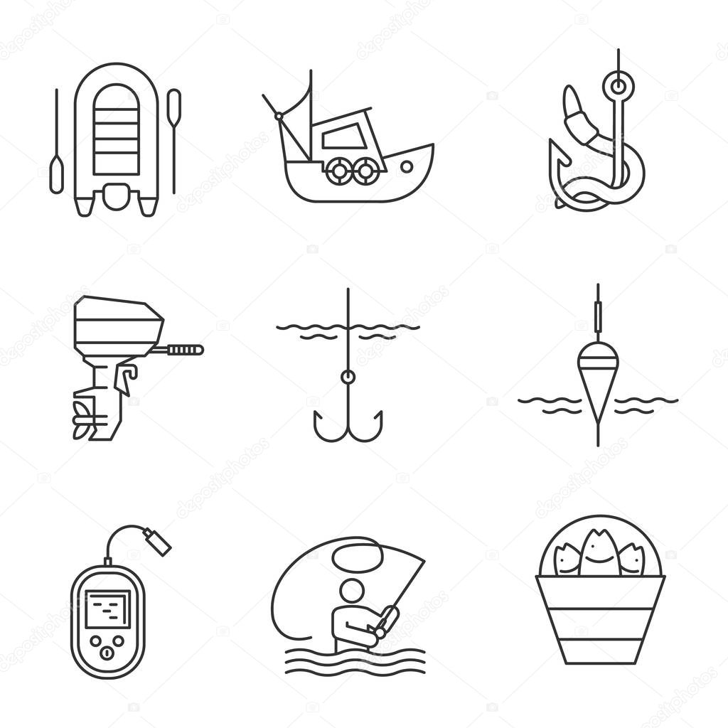 Fishing linear icons set. Outboard boat motor, fisherman, echo sounder, fishhook, float, lure, bucket with catch, live bait, motor boat. Thin line contour symbols. Isolated vector outline illustration