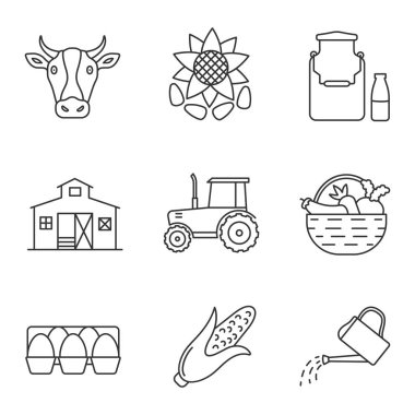 Tarım doğrusal Icons set. Tarım. İnek, ayçiçeği tohumu, süt ile olabilir, ahır, traktör, sebze, yumurta kanalı, Mısır, sulama olabilir. İnce çizgi kontur sembolleri. İzole vektör anahat çizimler
