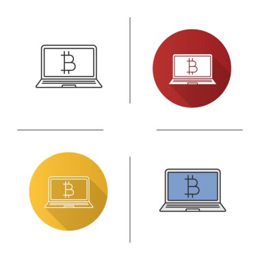 Bitcoin dijital cüzdan simgesi. Tasarım, doğrusal düz ve stilleri renk. Cryptocurrency. Dizüstü bitcoin işareti ile. İzole vektör çizimler