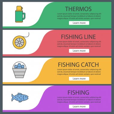 Web banner Şablonlar Balık tutma ayarlayın. Kova catch, termos, balıkçılık satır biriktirme, balık. Web sitesi renk menü öğeleri. Vektör üstbilgileri kavramları tasarım