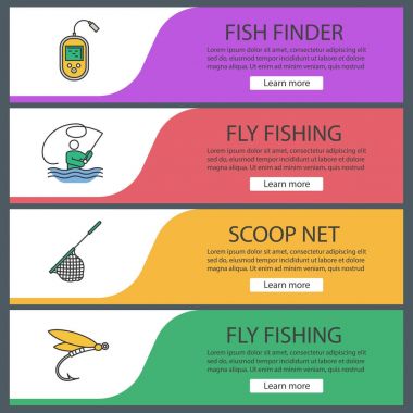 Web banner Şablonlar Balık tutma ayarlayın. Sinek balıkçılık, yankı ölçer, açılış net, böcek yem. Web sitesi renk menü öğeleri. Vektör üstbilgileri kavramları tasarım