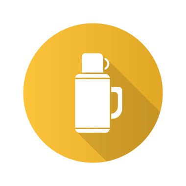 Termos düz tasarım uzun gölge glif simgesi. Sıcak bir içecek. Vektör siluet çizimi