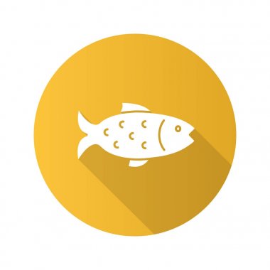 Balık düz tasarım uzun gölge glif simgesi. Olta. Vektör siluet çizimi