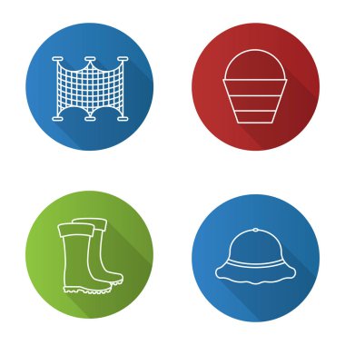 Düz doğrusal uzun gölge simgeler Balık tutma ayarlayın. File çorap, kova, lastik çizme, balıkçı şapka. Vektör anahat çizim