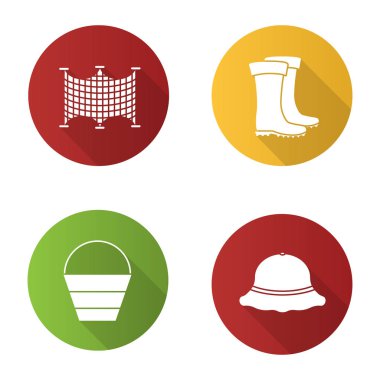 Balık tutma düz tasarım uzun gölge glif simgeler kümesi. File çorap, kova, lastik çizme, balıkçı şapka. Vektör siluet çizimi