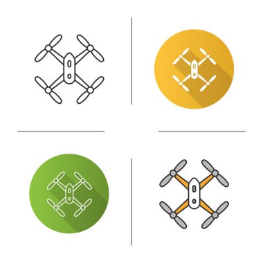 Quadcopter simgesi. Tasarım, doğrusal düz ve stilleri renk. Dron. Helikopter. İzole vektör çizimler