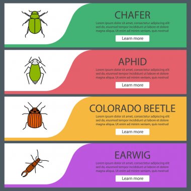 Böcekler afiş şablonlar kümesi web. Chafer, yaprak biti, colorado böceği, kulağakaçan. Web sitesi renk menü öğeleri. Vektör üstbilgileri kavramları tasarım