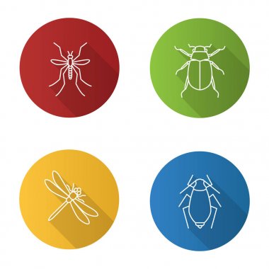 Insects flat linear long shadow icons set. Mosquito, chafer, dragonfly, aphid. Vector outline illustration clipart