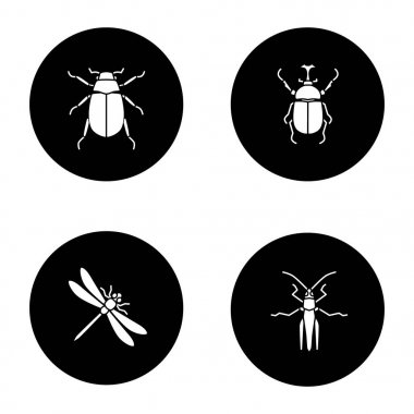 Insects glyph icons set. Chafer, hercules beetle, dragonfly, grasshopper. Vector white silhouettes illustrations in black circles clipart
