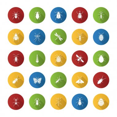 Böcekler düz tasarım uzun gölge glif simgesi. Rahatsız ediyor. Böcek bilimci koleksiyonu. Kelebek, kulağakaçan, erkeklere özel hata, değişkeni, güve, karınca, mantis, örümcek. Vektör siluet çizimi