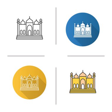Cami simgesi. Tasarım, doğrusal düz ve stilleri renk. İslam kültürü. Müslüman ibadet yeri. İzole vektör çizimler
