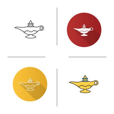 İslam yağ lambası simgesi. Tasarım, doğrusal düz ve stilleri renk. İslam kültürü. Sihirli lamba. İzole vektör çizimler