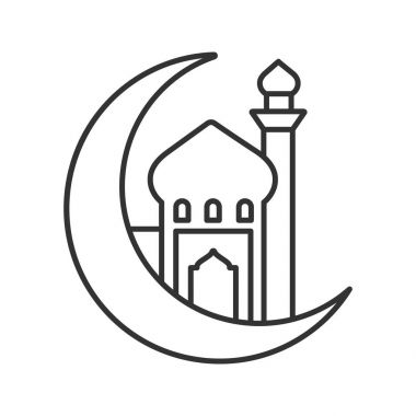 Ramazan ay doğrusal simgesi olan cami. İnce hat illüstrasyon. Hilal ay. İslam kültürü. Müslüman ibadet yeri. Kontur sembolü. Çizim vektör izole anahat