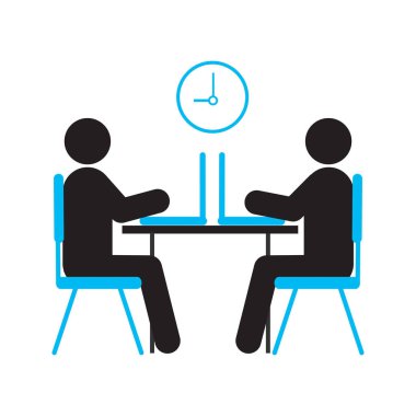 İki kişi dizüstü bilgisayarlar siluet simge ile çalışma. Coworking bölge. Ofis işi. Bilgisayar Kulübü. İzole vektör çizim