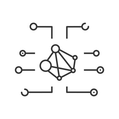 Küresel ağ doğrusal kutsal kişilerin resmi. İnce hat illüstrasyon. Blockchain. Bağlantı. Kontur sembolü. Çizim vektör izole anahat