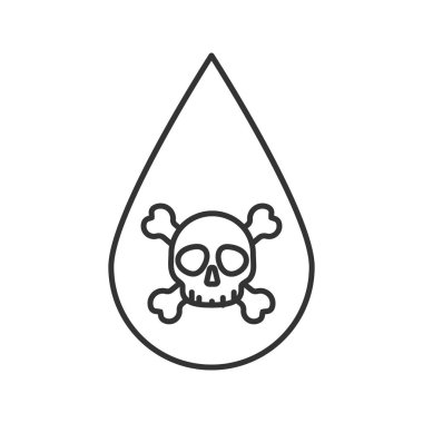 Kafatası ve kemiklerin doğrusal simgesi ile sıvı damla. Teknik ve sigara içme su. İnce hat illüstrasyon. Zehir kontur sembolü. Çizim vektör izole anahat