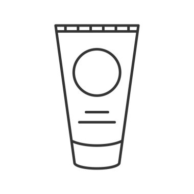 Güneş kremi doğrusal simgesi. İnce hat illüstrasyon. Diş macunu tüpü. Kontur sembolü. Çizim vektör izole anahat