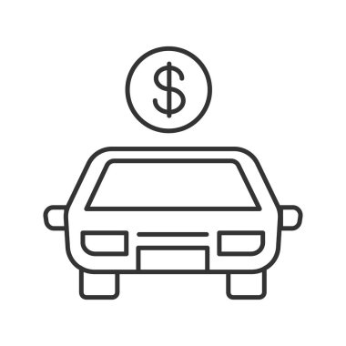 Dolar işareti doğrusal simgesi olan araba. Otomobil. İnce hat illüstrasyon. Taksi fiyat. Kontur sembolü. Çizim vektör izole anahat
