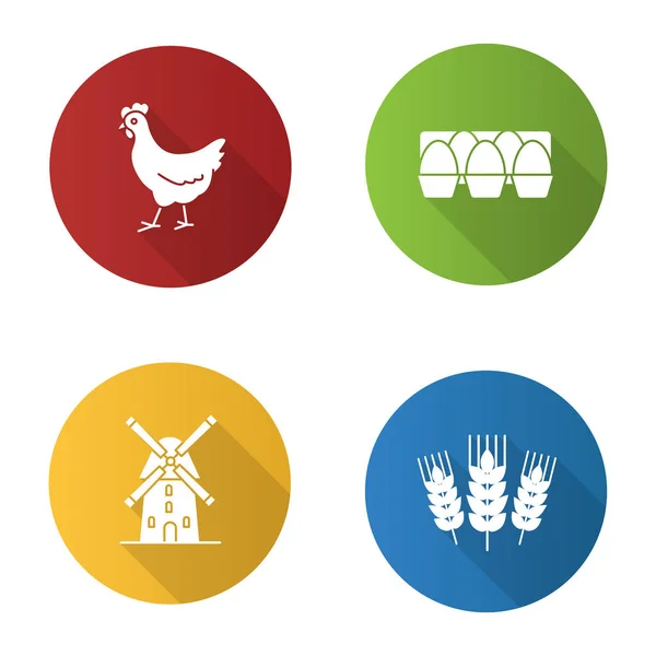 Mezőgazdasági Lapos Kivitel Hosszú Árnyék Karakterjel Ikonok Beállítása Gazdálkodás Csirke — Stock Vector