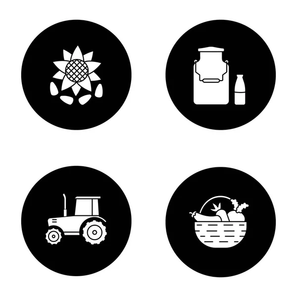 Conjunto Iconos Glifo Agrícola Agricultura Lata Botella Leche Tractor Cabeza — Vector de stock