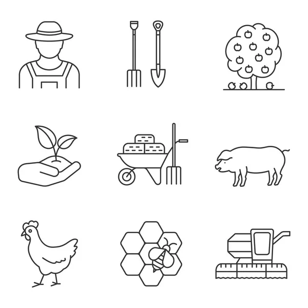 Conjunto Iconos Lineales Agricultura Agricultor Horquilla Pala Árbol Frutal Brote — Archivo Imágenes Vectoriales