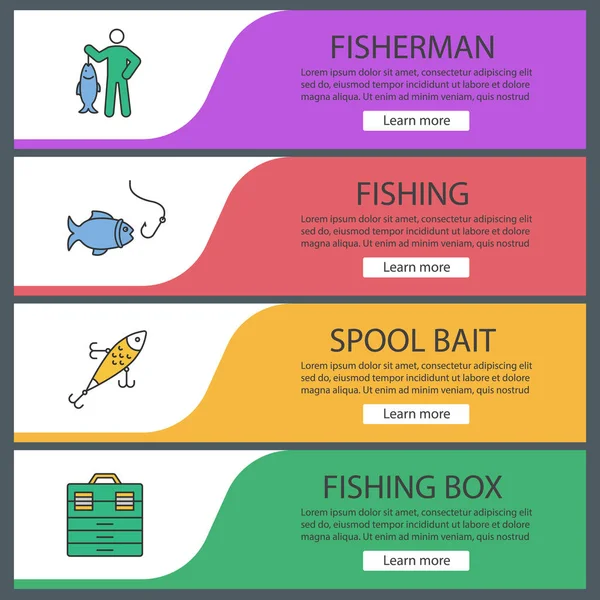 Modèles Bannière Web Pêche Ensemble Pêcheur Leurre Poisson Hameçon Boîte — Image vectorielle