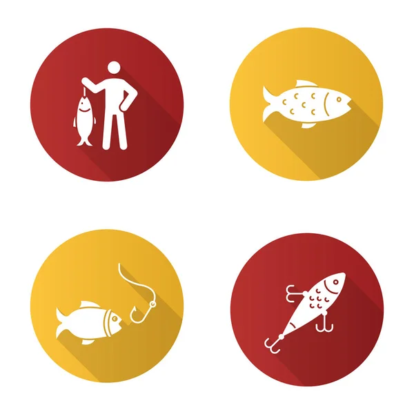 Conjunto Iconos Glifo Sombra Largo Diseño Plano Pesca Pescador Señuelo — Archivo Imágenes Vectoriales