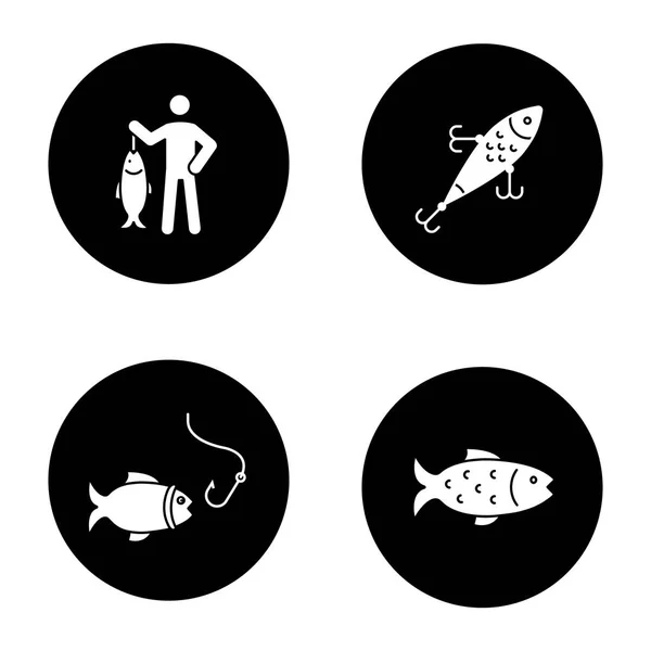 Набор Иконок Рыболовных Глифов Рыбак Приманка Рыба Крюк Векторные Белые — стоковый вектор