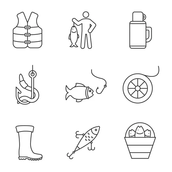 Juego Iconos Lineales Pesca Pescador Captura Cebo Anzuelo Bota Goma — Vector de stock