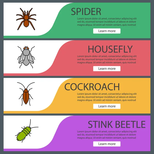 Hmyz Pro Web Banner Šablony Sady Spider Šváb Moucha Smradlavého — Stockový vektor