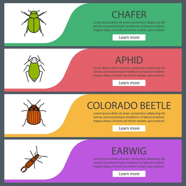 Insects Web Banner Templates Set Chafer Aphid Colorado Beetle Earwig — Stock Vector