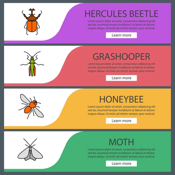Hmyz Pro Web Banner Šablony Sady Hercules Brouka Kobylka Včela — Stockový vektor