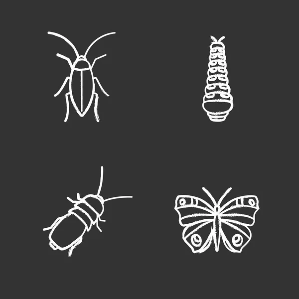 Insecten Krijt Iconen Set Kakkerlak Caterpillar Vlinder Stink Kever Geïsoleerde — Stockvector