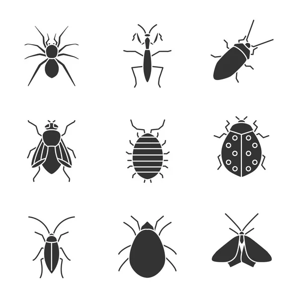 Insekten Glyphen Symbole Gesetzt Spinne Gottesanbeterin Schabe Assel Stubenfliege Marienkäfer — Stockvektor