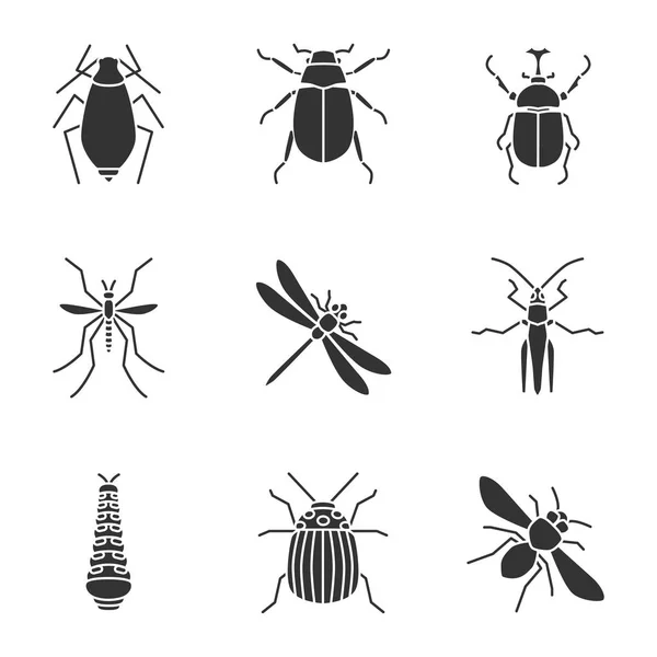 Insects Glyph Icons Set Aphid Maybug Hercules Bug Mosquito Dragonfly — Stock Vector