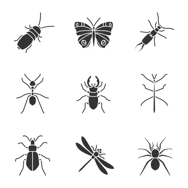 Insects Glyph Icons Set Darkling Beetle Butterfly Earwig Stag Ground — Stock Vector