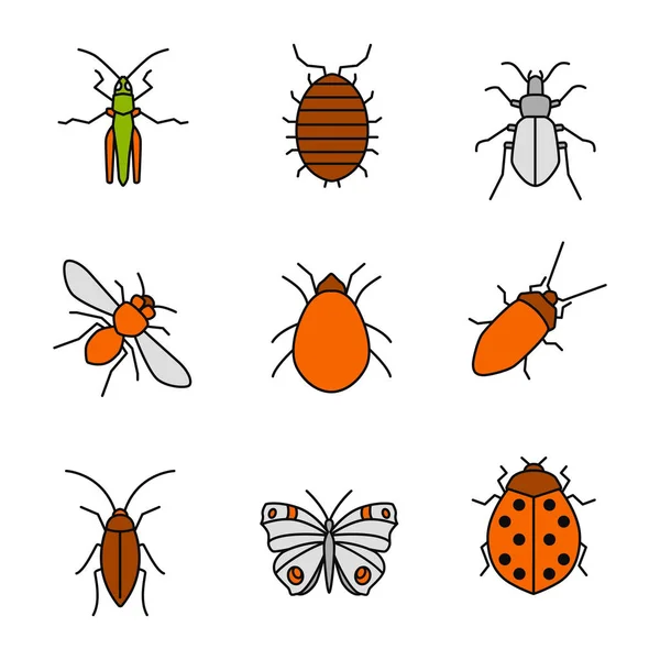 Conjunto Iconos Color Insectos Grasshopper Woodlice Escarabajo Molido Abeja Ácaro — Vector de stock