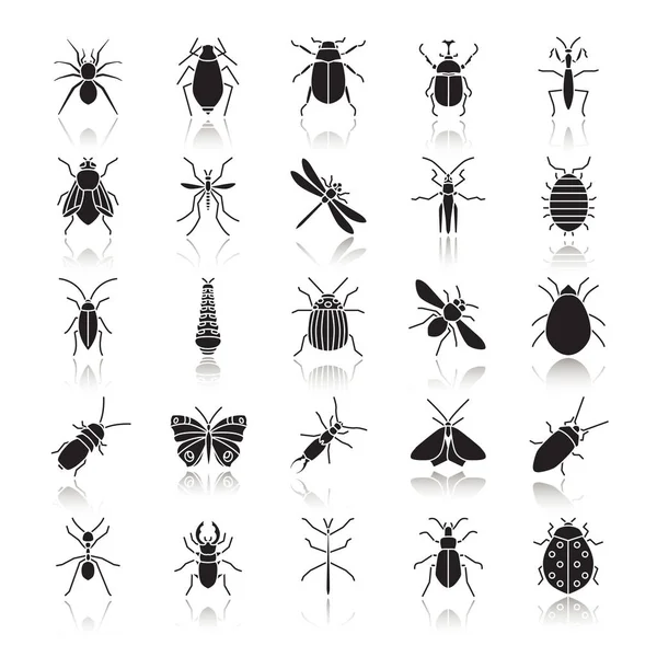 Insects Drop Shadow Black Glyph Icons Set Bugs Entomologist Collection — Stock Vector