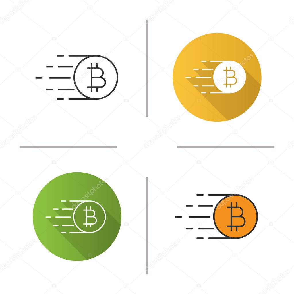 Flying bitcoin icon. Flat design, linear and color styles. Cryptocurrency. Isolated vector illustrations