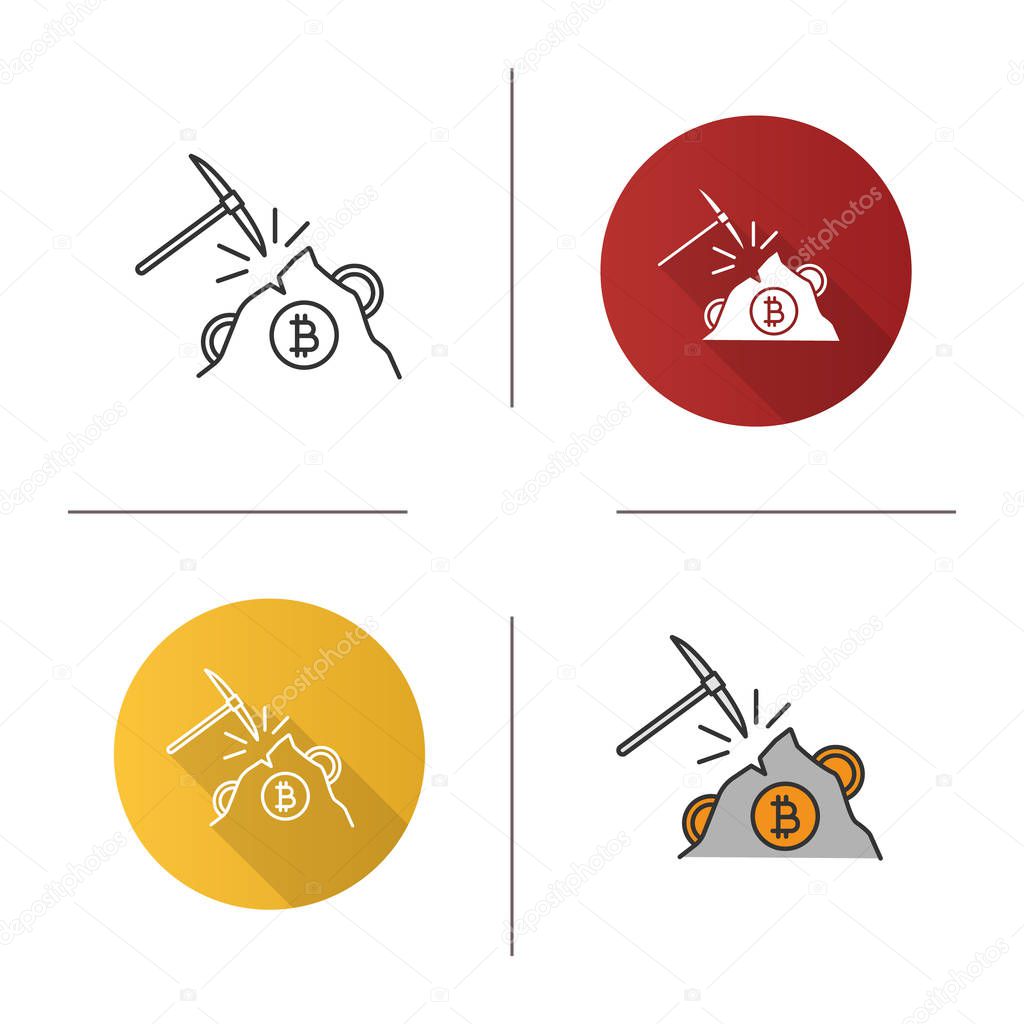 Navvy pick with bitcoin sign icon. Flat design, linear and color styles. Cryptocurrency mining. Pickaxe. Isolated vector illustrations