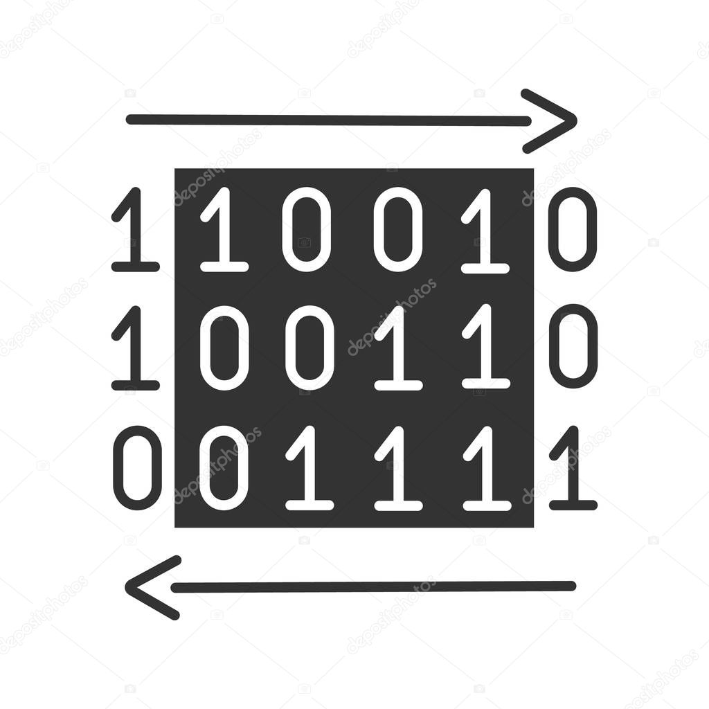 Data transfer glyph icon. Binary code. Computing. Digital data. Silhouette symbol. Negative space. Vector isolated illustration
