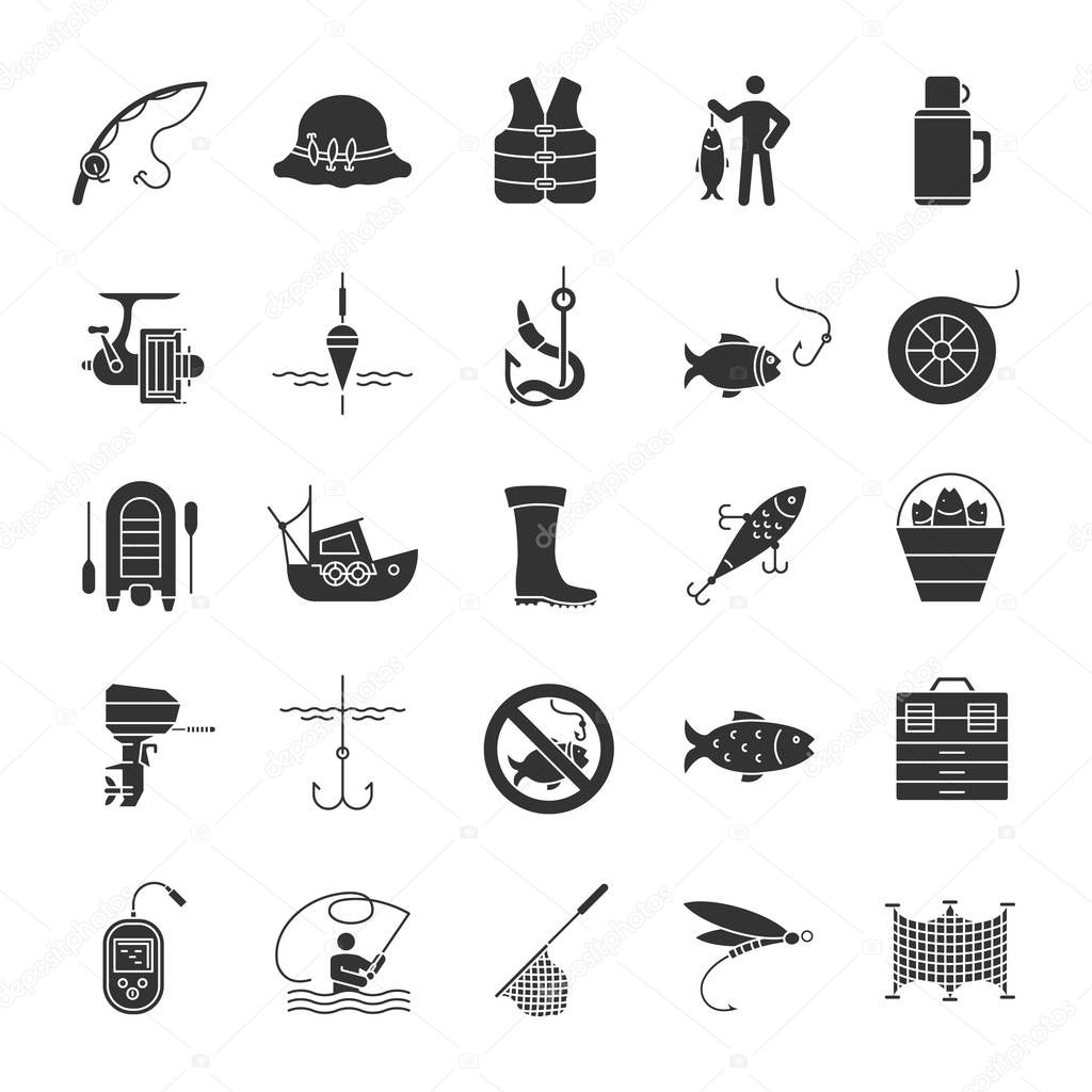 Fishing glyph icons set. Angling equipment. Fish, bait, hook, tackle, boat, rod, fisherman, thermos, echo sounder, uniform. Silhouette symbols. Vector isolated illustration