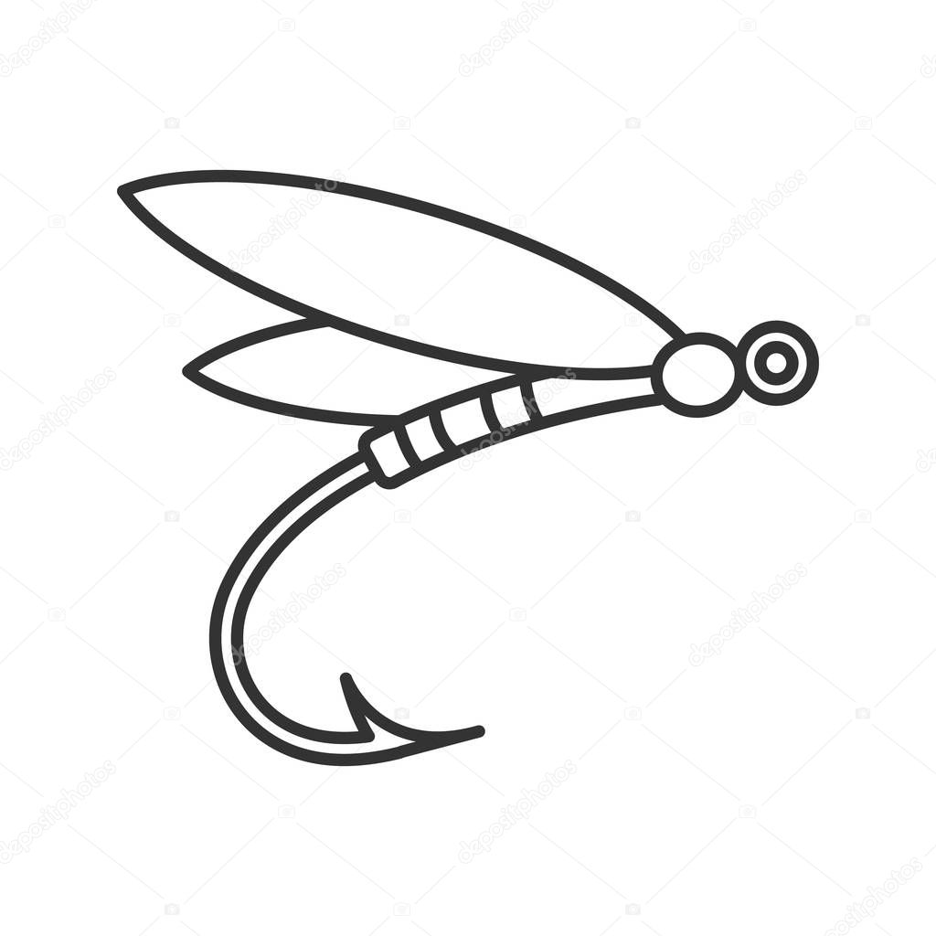 Fly fishing linear icon. Thin line illustration. Insect bait. Dragonfly lure. Contour symbol. Vector isolated outline drawing