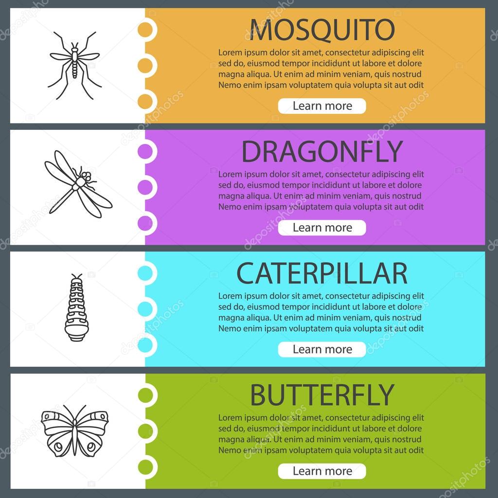 Insects web banner templates set. Dragonfly, mosquito, caterpillar, butterfly. Website menu items. Vector headers design concepts