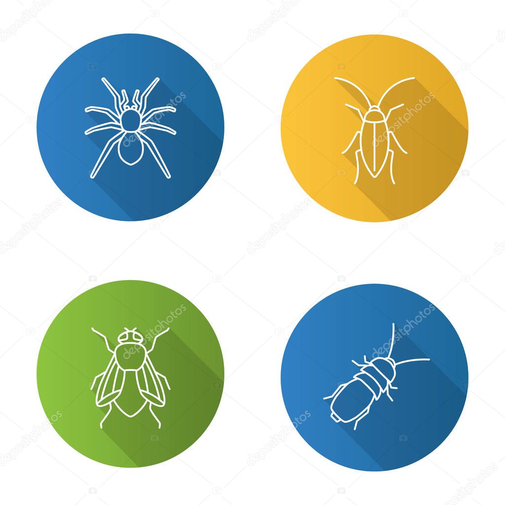 Insects flat linear long shadow icons set. Spider, cockroach, housefly, stink bug. Vector outline illustration