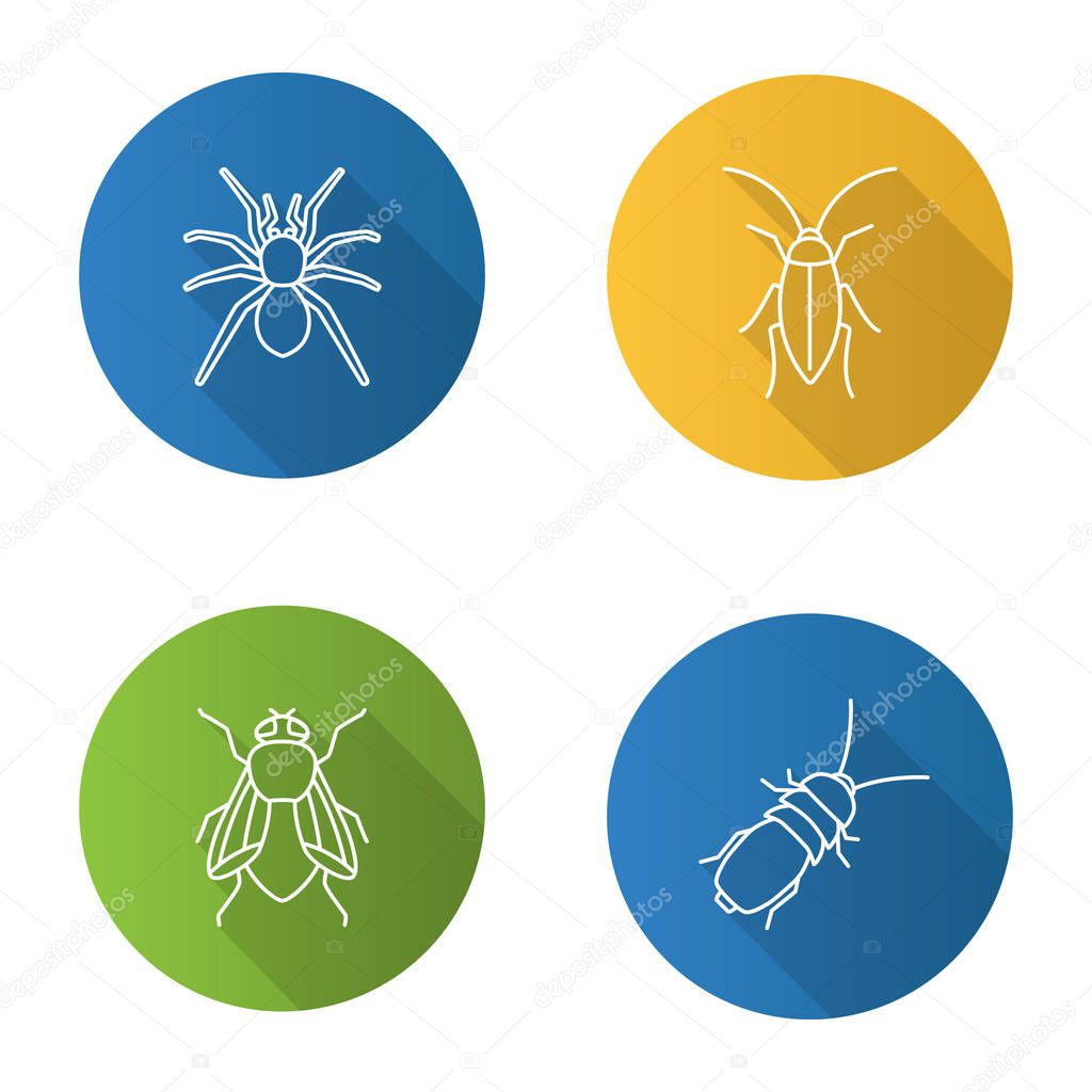 Insects flat linear long shadow icons set. Spider, cockroach, housefly, stink bug. Vector outline illustration