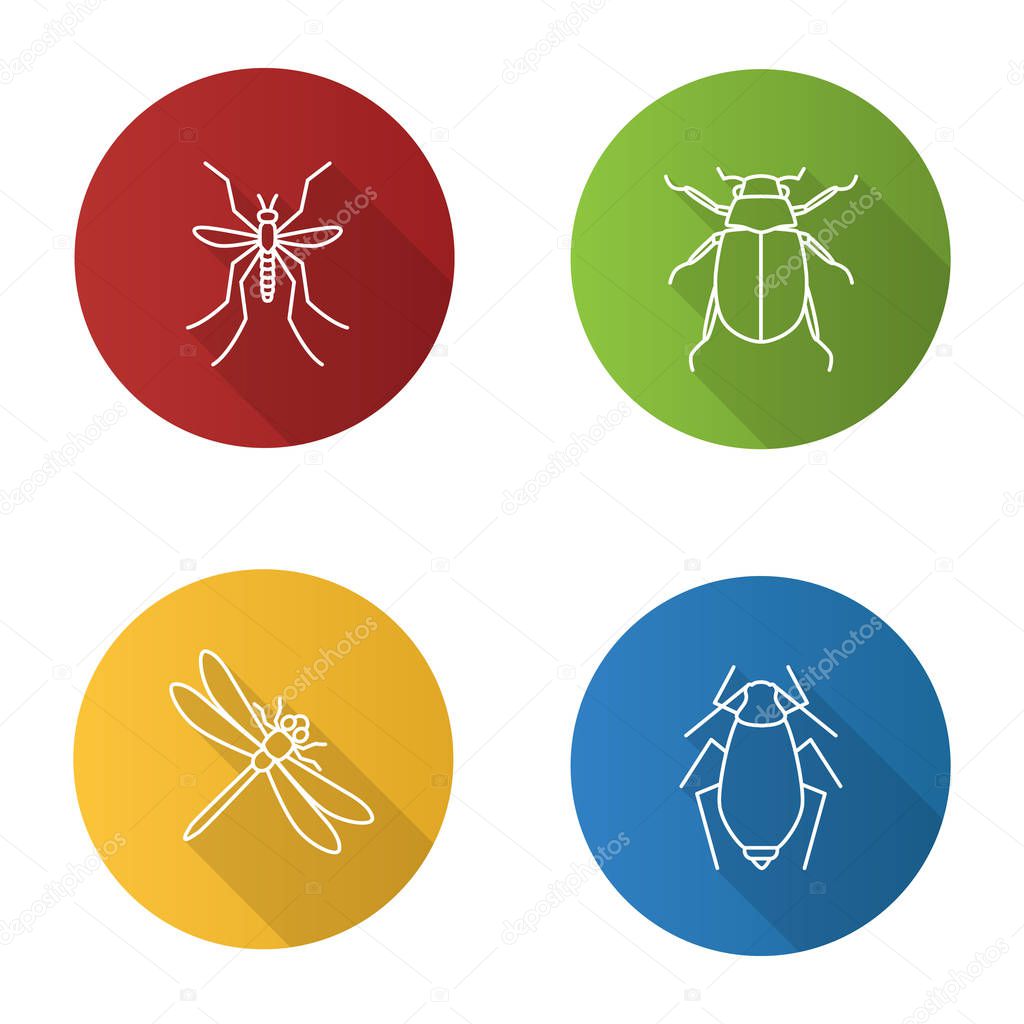Insects flat linear long shadow icons set. Mosquito, chafer, dragonfly, aphid. Vector outline illustration
