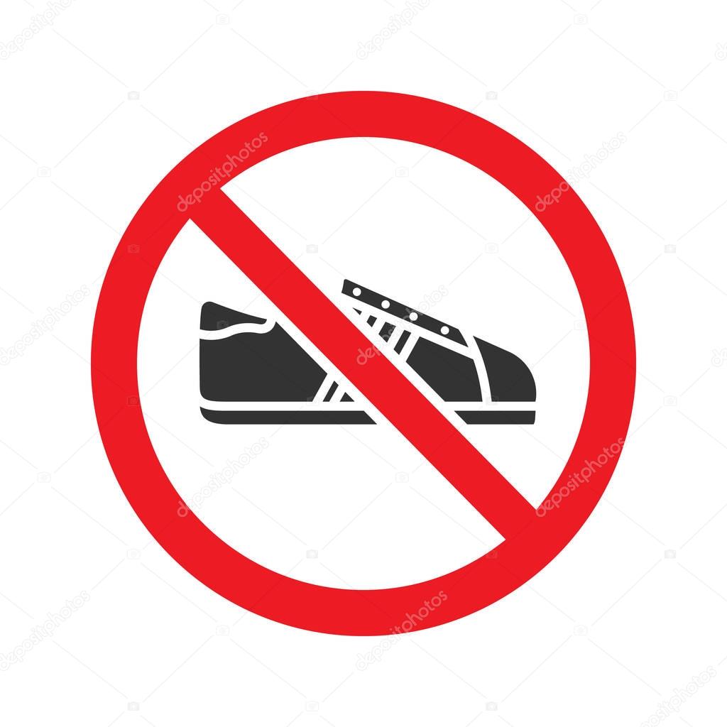 Forbidden sign with sneaker glyph icon. Stop silhouette symbol. No shoes prohibition. Negative space. Vector isolated illustration