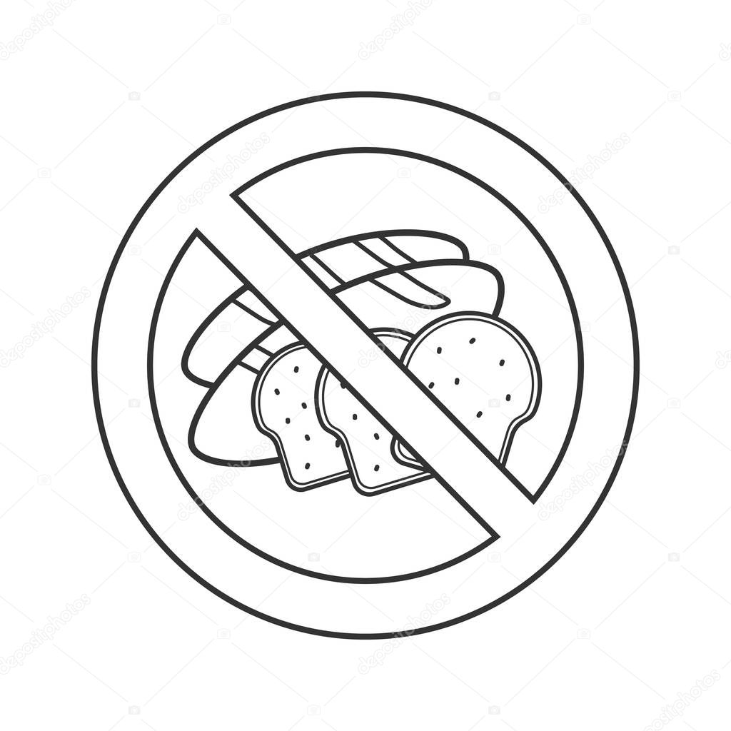 Forbidden sign with bakery products linear icon. Thin line illustration. Prohibition circle. Gluten free. Stop contour symbol. Vector isolated outline drawing