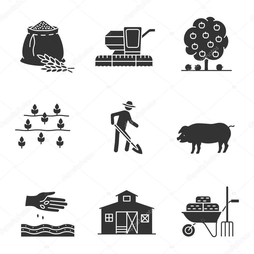 Agriculture glyph icons set. Farming silhouette symbols. Flour bag, combine harvester, fruit tree, field, farmer with shovel, pig, barn, sowing, wheelbarrow with hays. Vector isolated illustration